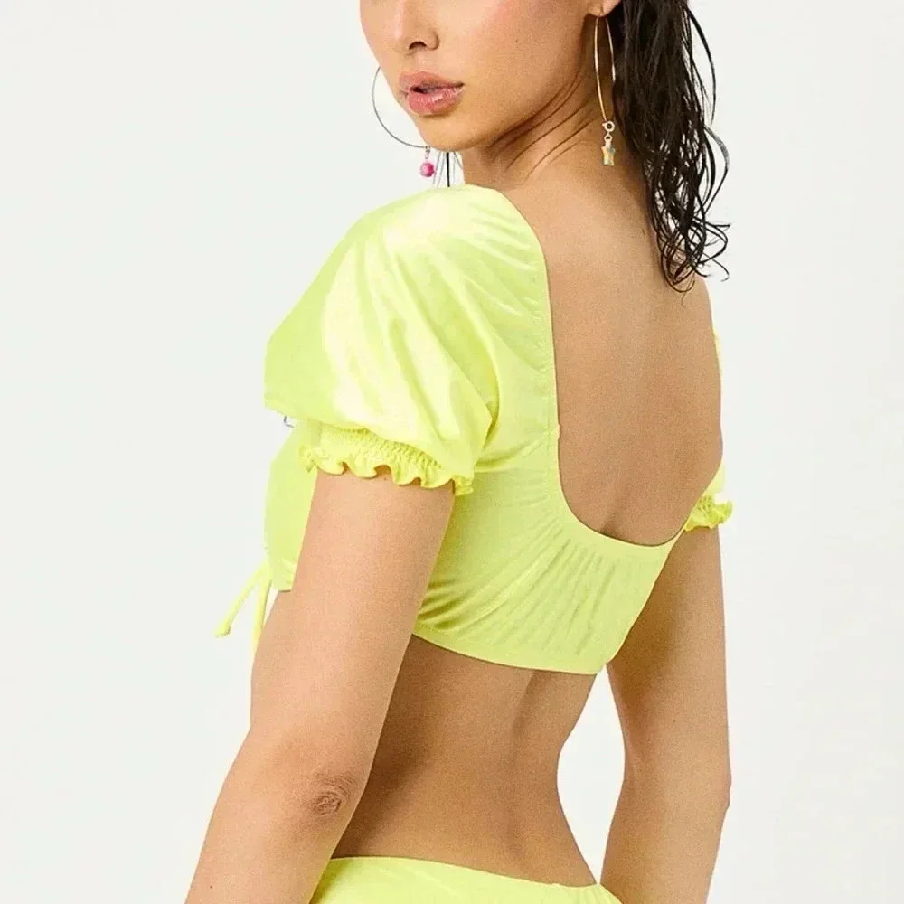 NWT Frankies Bikini Carly Ruffle Satin Bikini Top Yellow Large